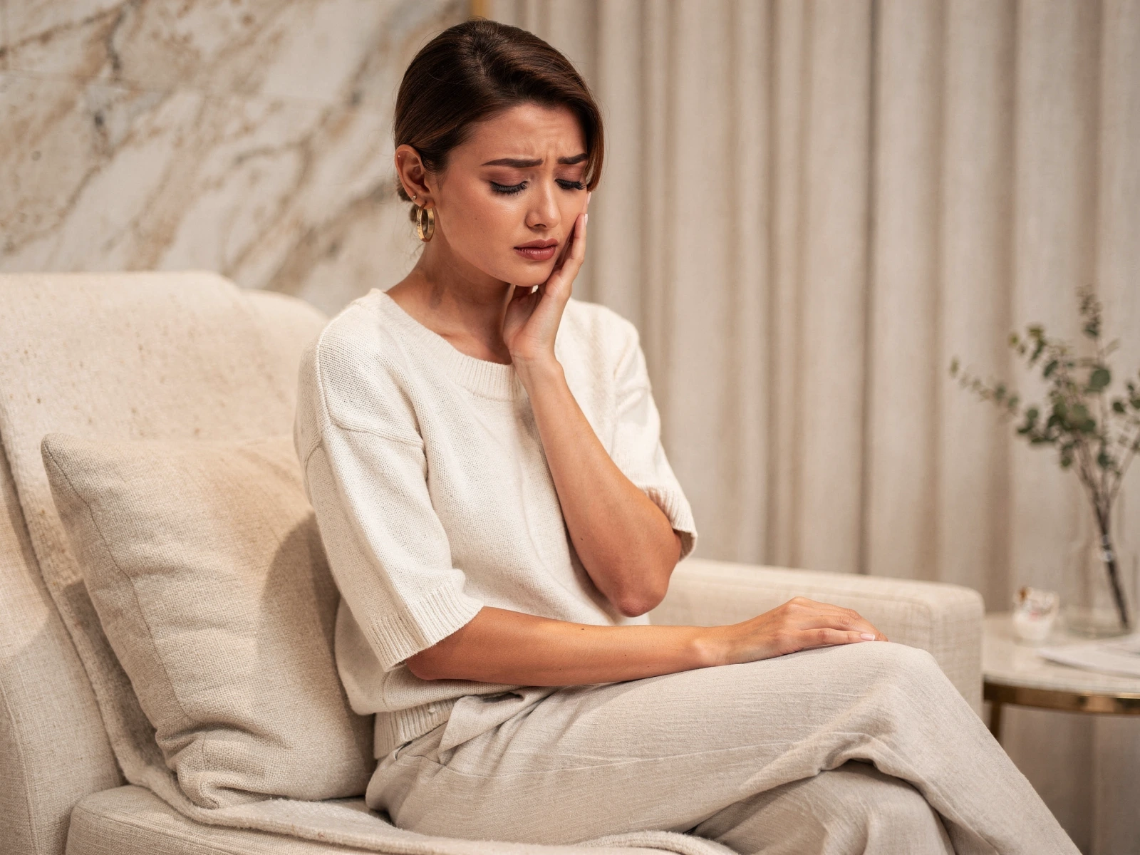 Woman sitting on a couch holding her cheek in pain, depicting dental emergency symptoms